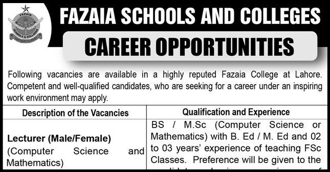 Fazaia School & College Lahore Cantt Jobs October 2024