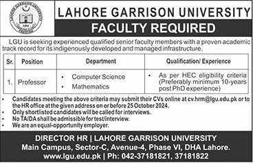 Lahore Garrison University Jobs October 2024