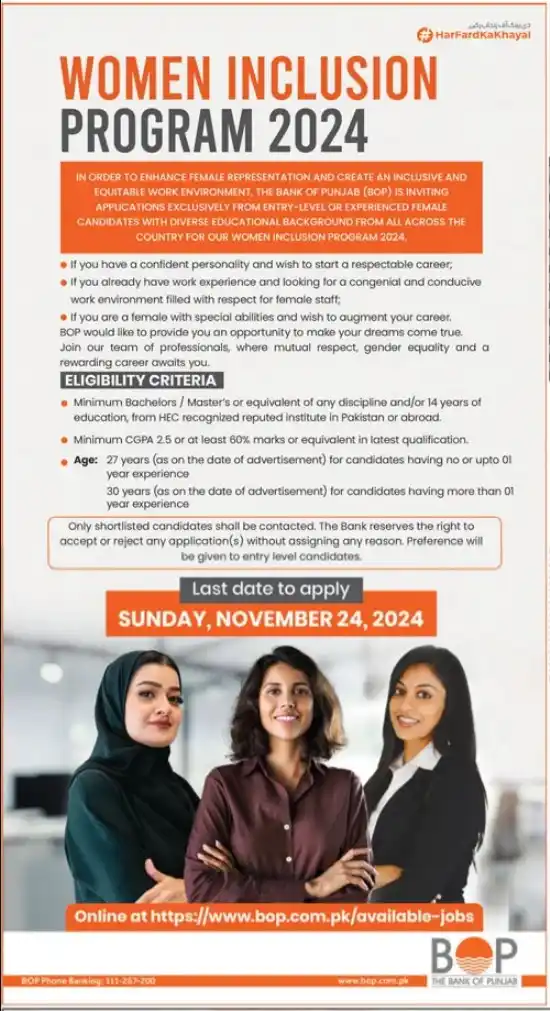 Bank of Punjab (BOP) Women Inclusion Program 2024: Apply Now!