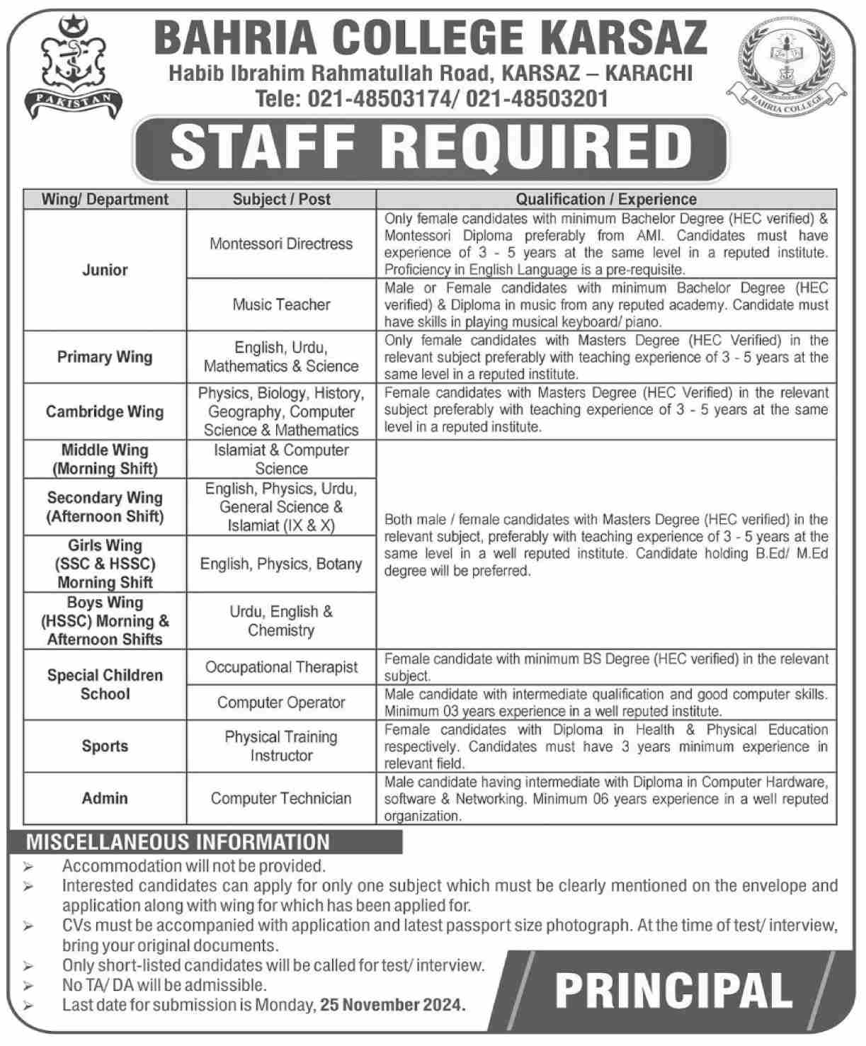 Bahria College Karsaz Jobs 2024 for Male and Female Teachers