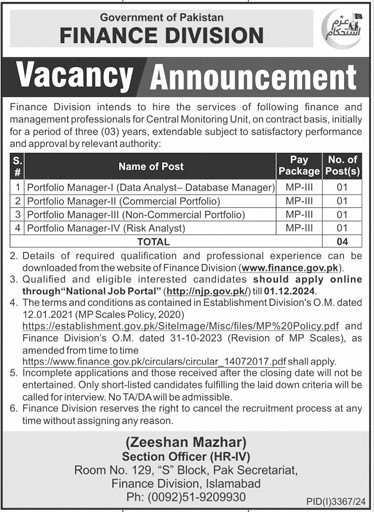 Government of Pakistan Finance Division Jobs November 2024