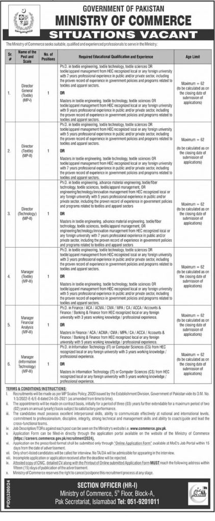 Government of Pakistan Ministry of Commerce Jobs November 2024