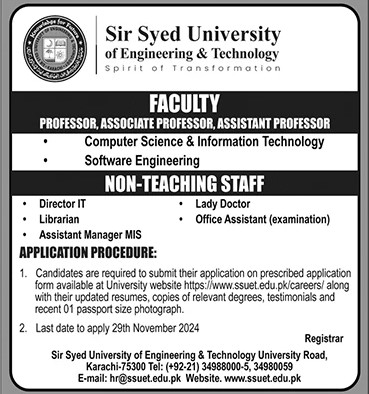 Sir Syed University of Engineering & Technology Jobs November 2024