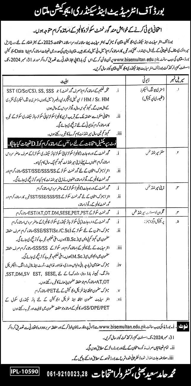 Board of Intermediate and Secondary Education BISE Multan Jobs 2025