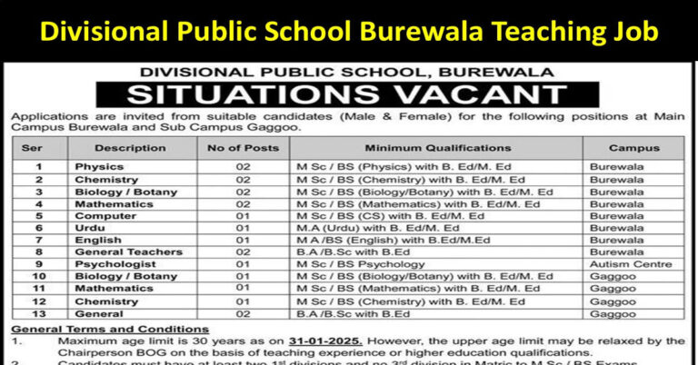 Divisional Public School (DPS) Burewala Teaching Job Openings