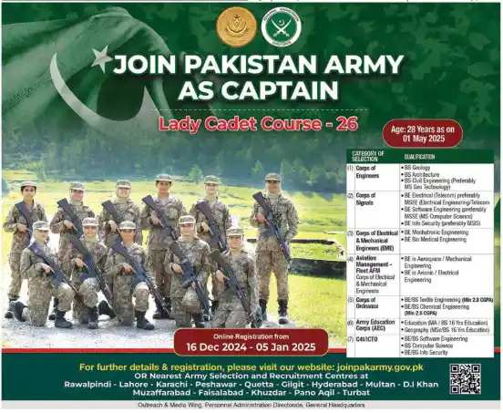 Join Pak Army as Female Captain (LCC-26) in 2025 – Apply Now!