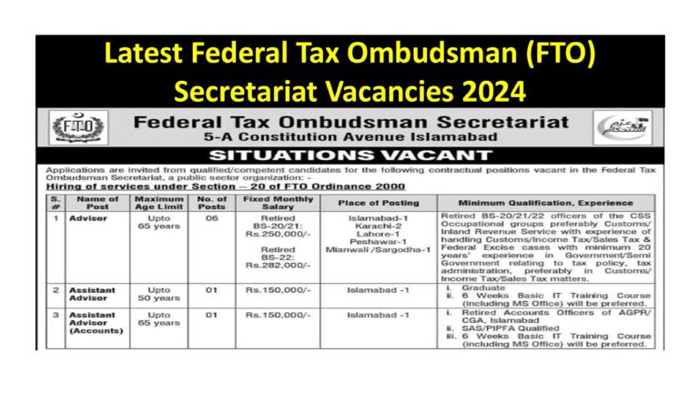 Latest Federal Tax Ombudsman (FTO) Secretariat Vacancies 2024