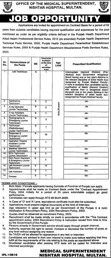 Nishtar Hospital Multan Technicians Jobs December 2024