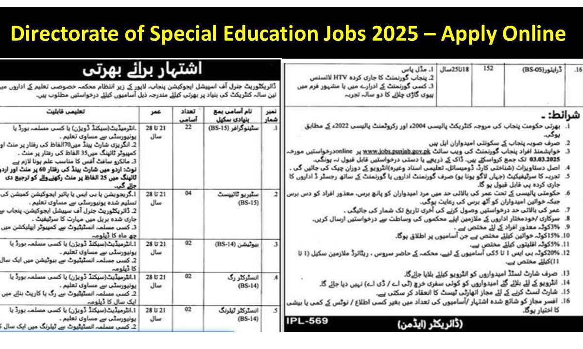 Directorate of Special Education Jobs 2025 – Apply Online