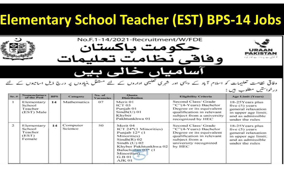 Elementary School Teacher (EST) BPS-14 Jobs