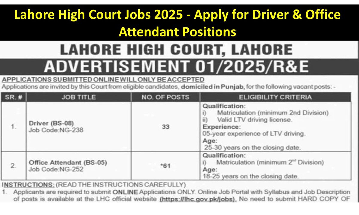 Lahore High Court Jobs 2025 - Apply for Driver