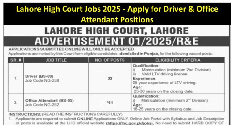 Lahore High Court Jobs 2025 - Apply for Driver