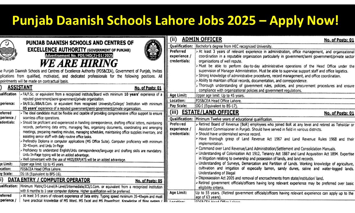 Punjab Daanish Schools Lahore Jobs 2025