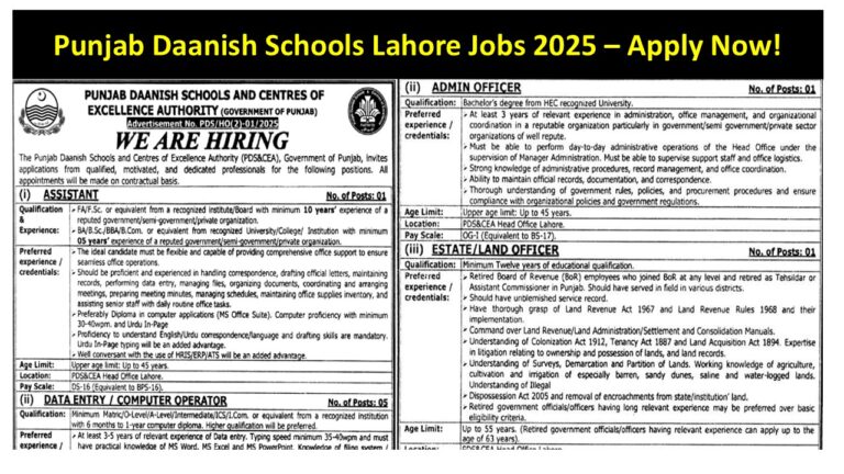 Punjab Daanish Schools Lahore Jobs 2025