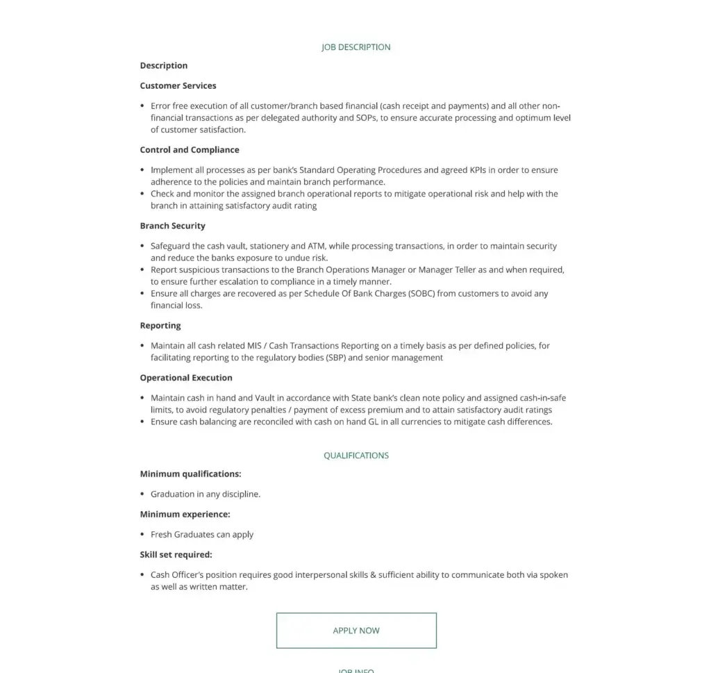 HBL Cash Officer Jobs 2025