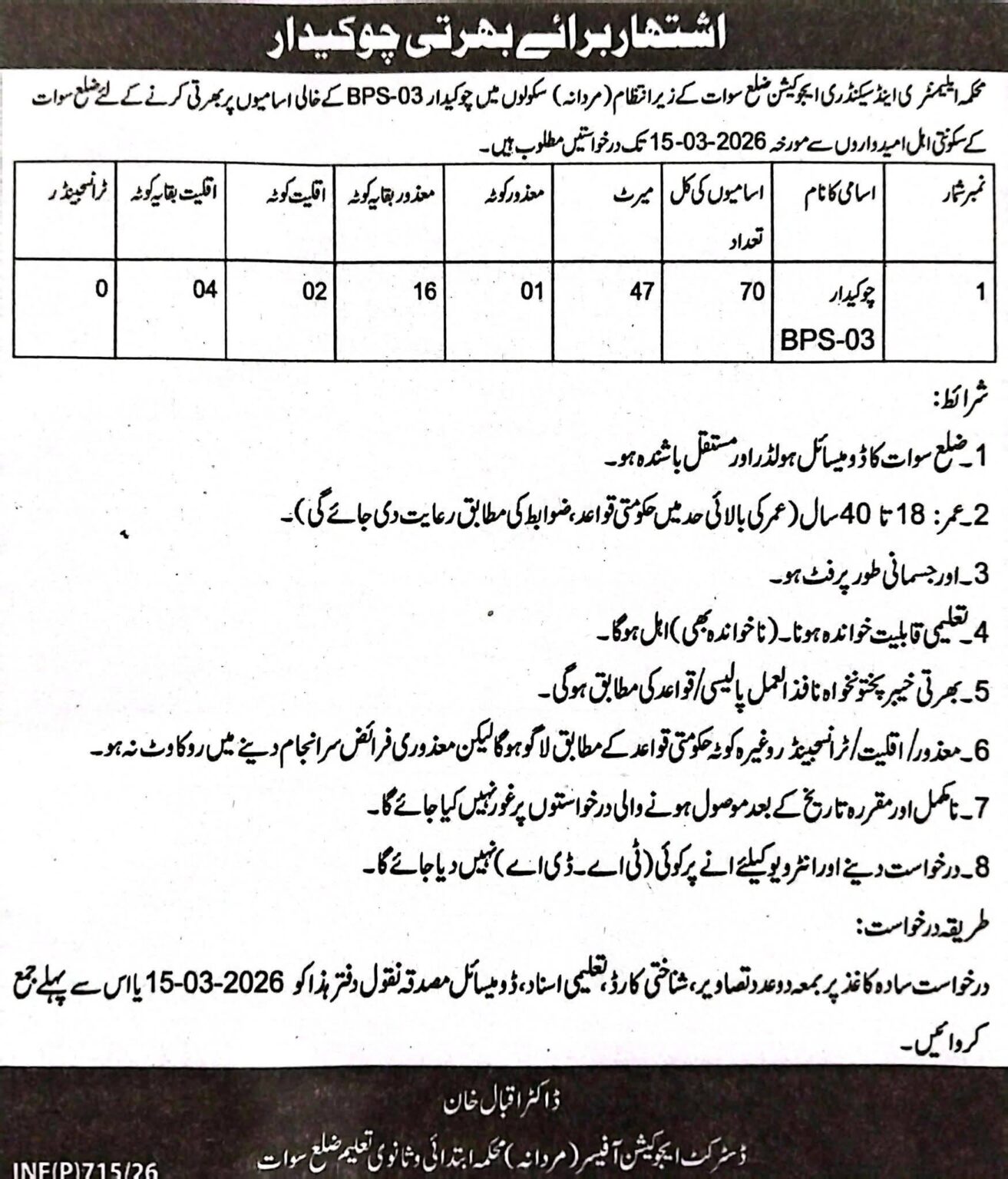 Chowkidar BPS-03 Jobs 2026 In Education Department Apply Now