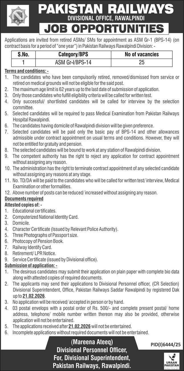 Pakistan Railways ASM Jobs 2026 Apply 25 BPS-14 Vacancies