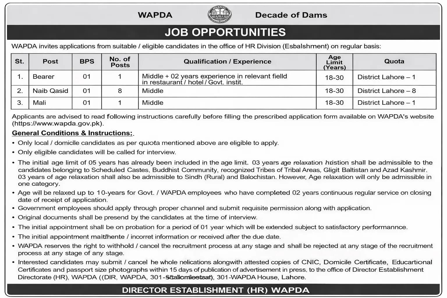WAPDA HR Division Jobs 2026 Latest Vacancies in Lahore Apply Online